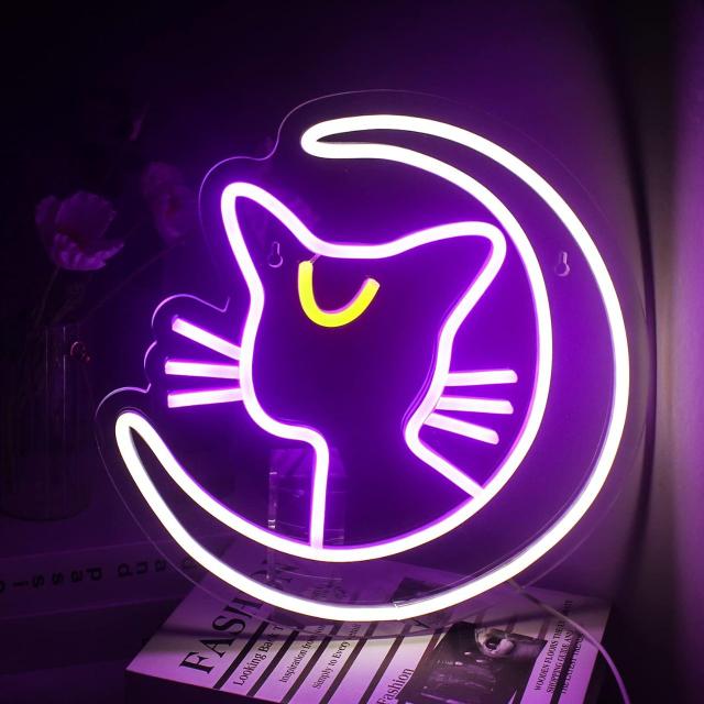 NEON LED KOT na Księżycu Lampka Nocna USB Dekoracja Pokoju Prezent 32cm