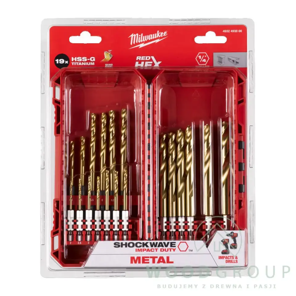 Zestaw wierteł udarowych do metalu Shockwave HSS-G Tin Red, 2 - 10 mm (19 szt.) - 4932493866