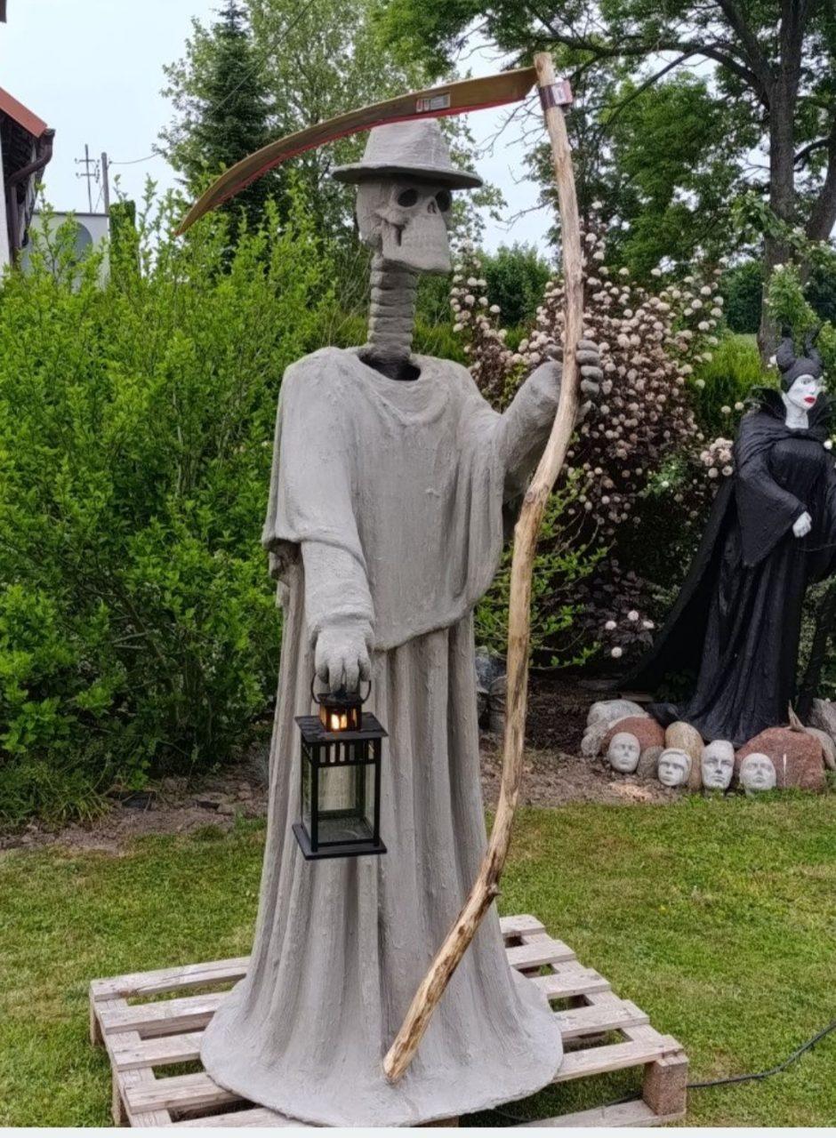 Figurka cementowa rękodzieło Halloween kostucha z kosą i lampką