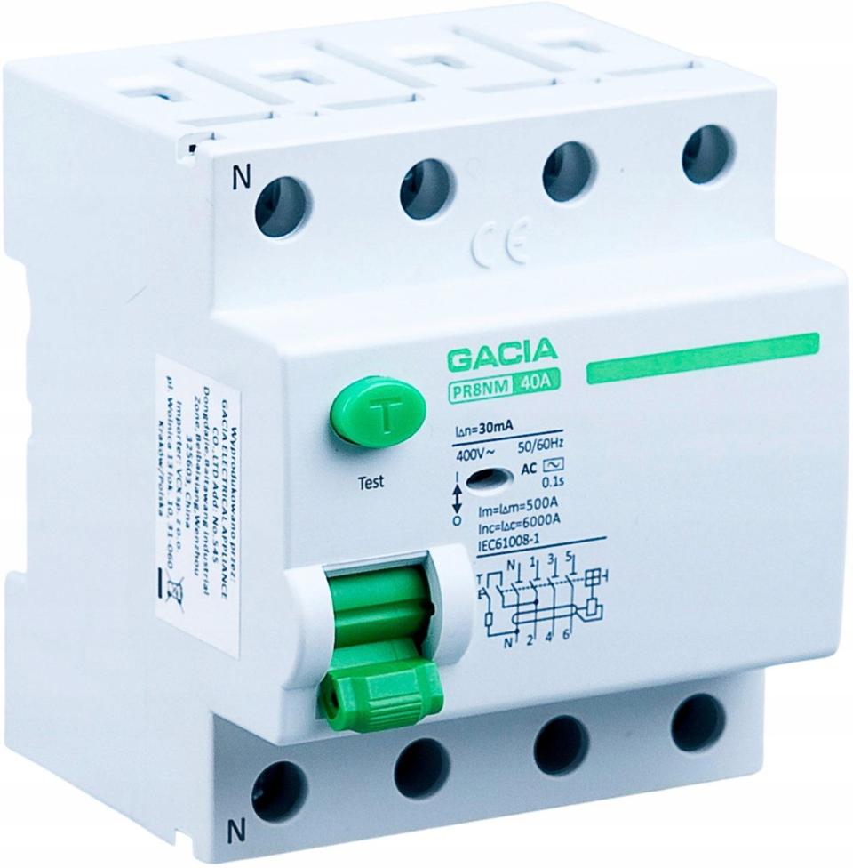 Wyłącznik różnicowoprądowy 63A, 30mA, 4P, typ A GACIA PR8NM 4P 63A 30MA A
