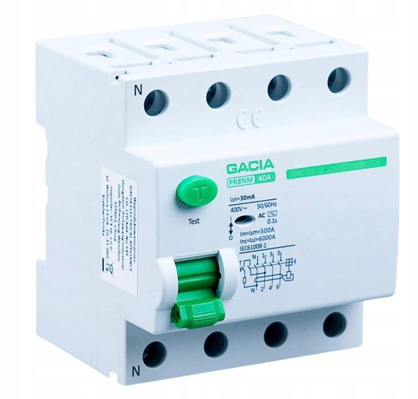 Wyłącznik różnicowoprądowy 40A, 30mA, 4P, typ A GACIA PR8NM 4P 40A 30MA A