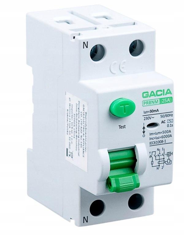 Wyłącznik różnicowoprądowy 6kA 2P 25A 30mA typ: AC GACIA PR8NM 2P 25A 30MA