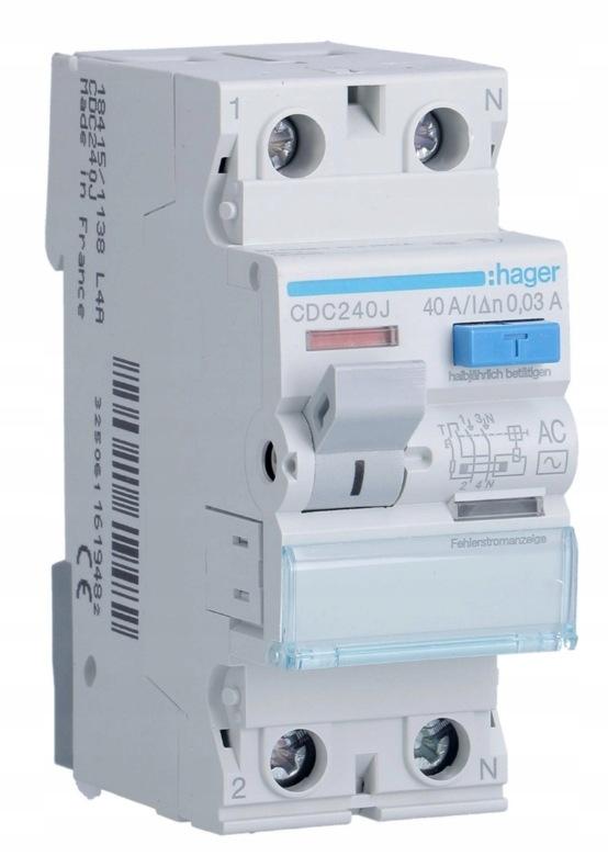 Wyłącznik różnicowoprądowy 1P+N 40A 30mA 6kA AC HAGER CDC240J