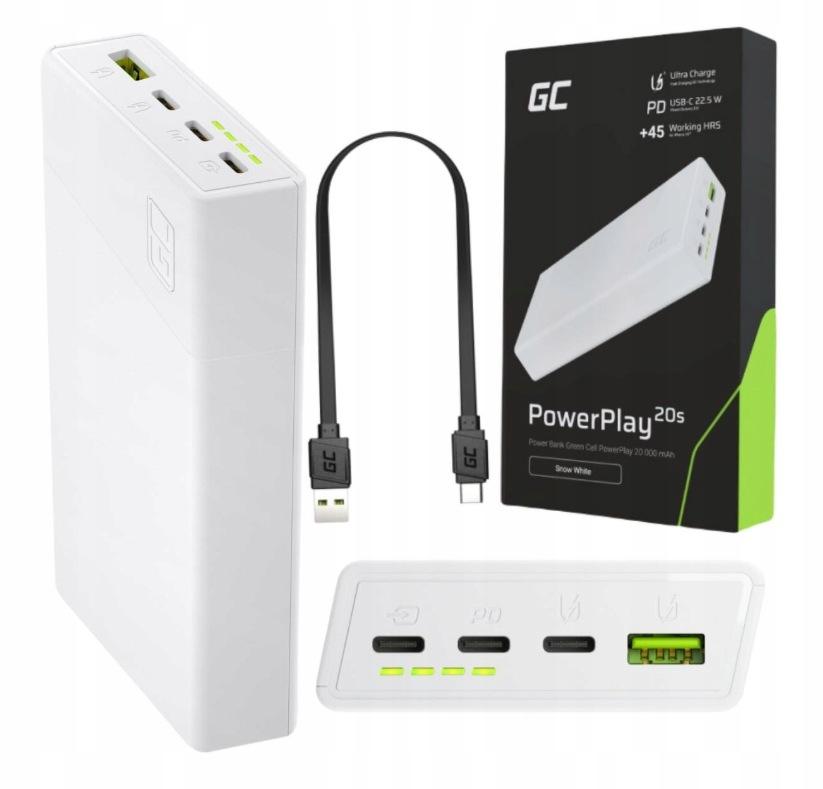 POWERBANK Green Cell PowerPlay20S 20000mAh PD 22,5W QC 3.0 3x USB-C BIAŁY