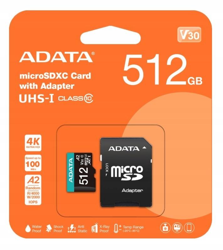 Adata Karta pamięci microSD Premier Pro 512 GB UHS1 U3 V30 A2 + adapter