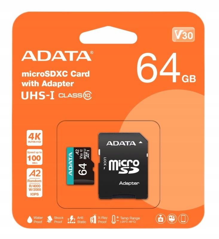 Adata Karta pamięci microSD Premier Pro 64 GB UHS1 U3 V30 A2 + adapter