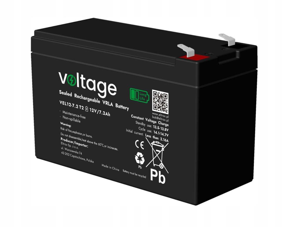 Akumulator AGM Voltage Long Life 12V 7,2Ah VEL12-7.2 T2 (Żywotność 15 lat)