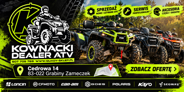 Kownacki Dealer ATV — sprzedaż nowych i używanych ATV, serwis, akcesoria, części i dodatki. Telefon 507 705 769, www.quady-sklep.pl. Cedrowa 14, 83-022 Grabiny Zameczek.