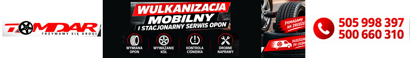 TOMDAR — trzymamy się drogi. Wulkanizacja, mobilny i stacjonarny serwis opon: wymiana opon, wyważanie kół, kontrola ciśnienia, drobne naprawy. Telefon 505 998 397 lub 500 660 310.